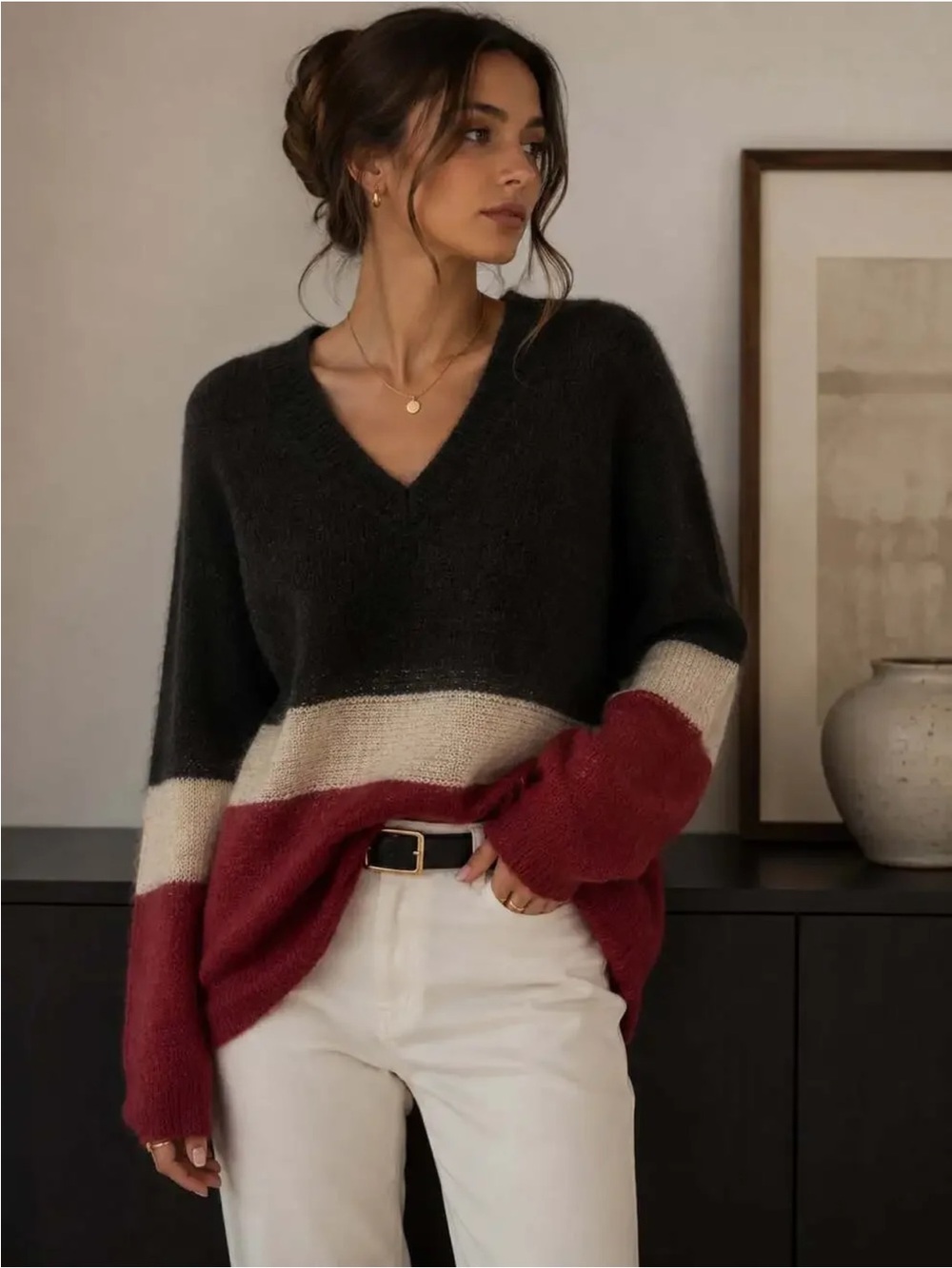 & Other Stories Mohair Oversized Colorblock V-Neck Sweater Black, Cream & Red, M